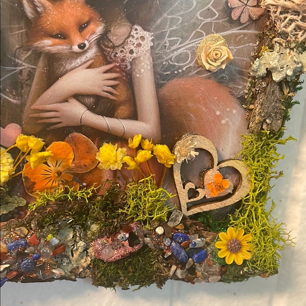 Whimsical Fox Art with Floral Accents handcrafted border moss/flowers fairy - Picture 3 of 12